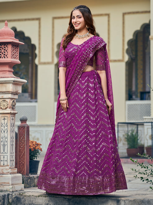 Engaging Wine Georgette Sequence Embroidered Designer Eid Special Lehenga Choli Set