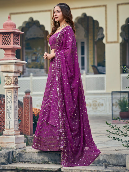 Engaging Wine Georgette Sequence Embroidered Designer Eid Special Lehenga Choli Set