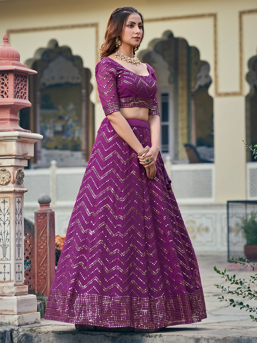 Engaging Wine Georgette Sequence Embroidered Designer Eid Special Lehenga Choli Set