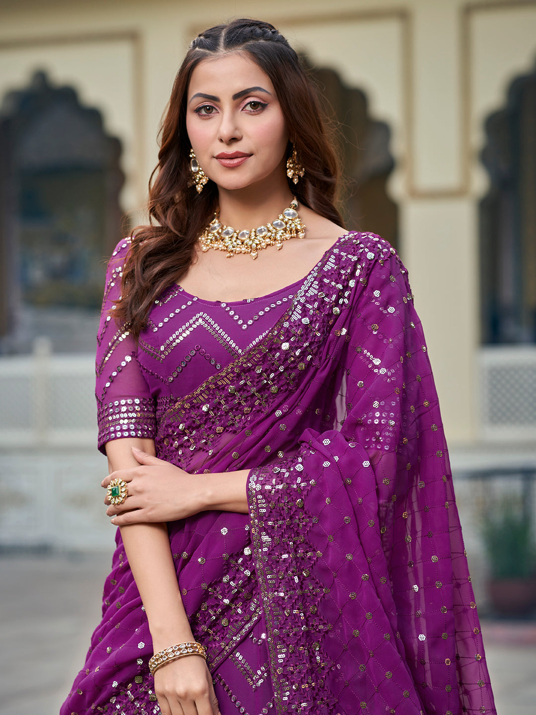 Engaging Wine Georgette Sequence Embroidered Designer Eid Special Lehenga Choli Set