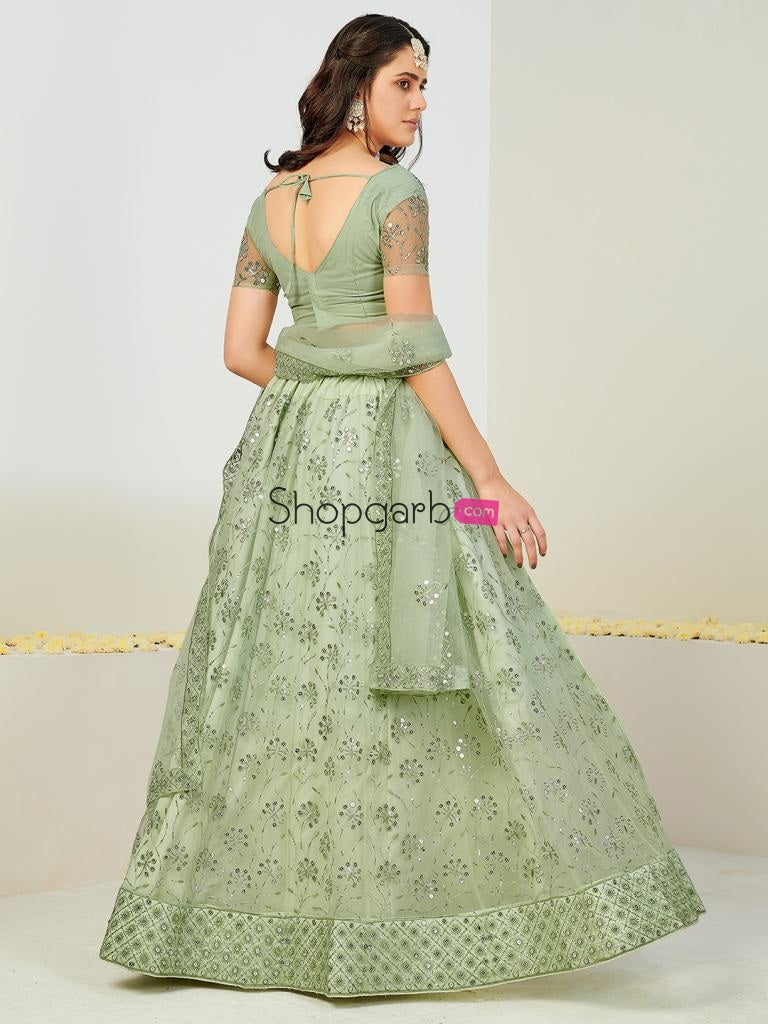 Admiring Sea Green And Silver Sequins Sangeet Special Lehenga Blouse With Dupatta