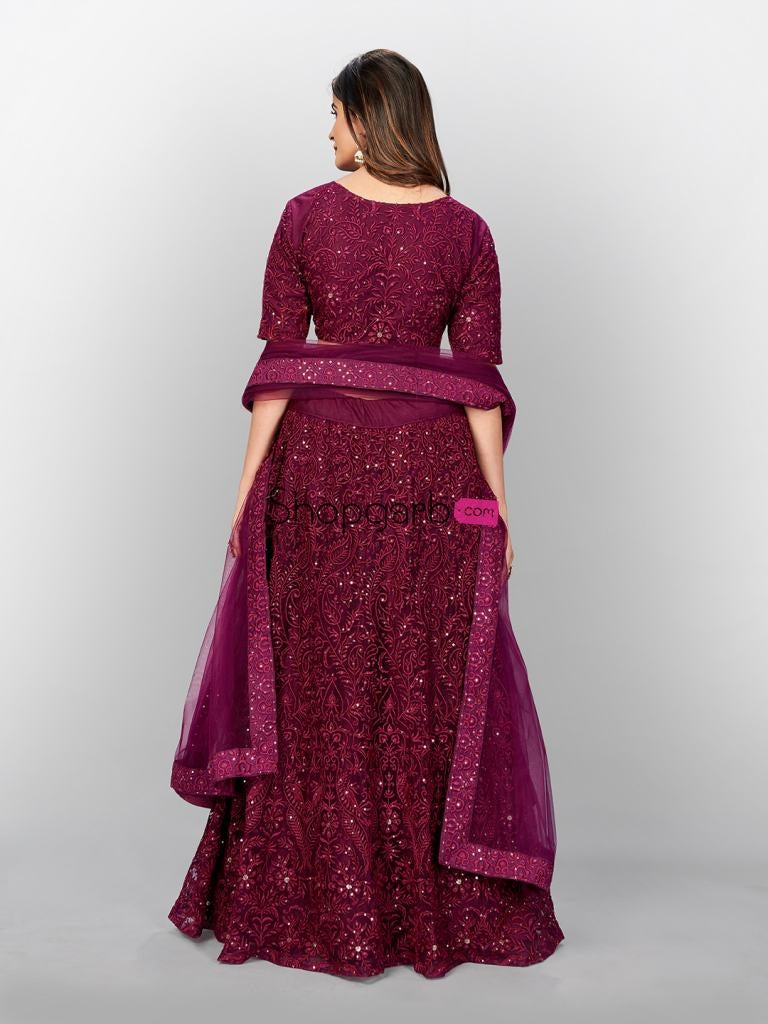 Admiring Wine Color Designer Soft Net Sequins Work