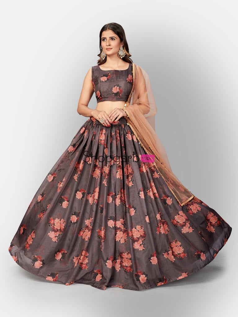 Alluring Gray Digital Printed Semi-Stitched Lehenga And Unstitched Blouse With Dupatta