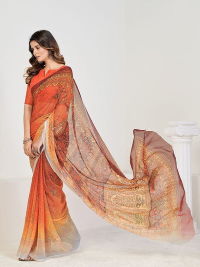 Amazing Orange And Red Georgette Block Print Casual Wear Saree With Blouse