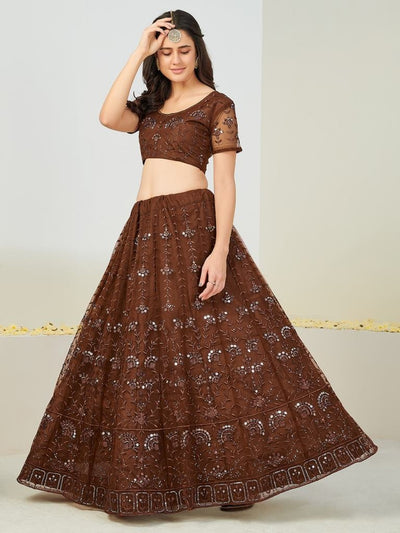 Awesome Brown And Silver Sequins Thread Work Lehenga Blouse With Dupatta