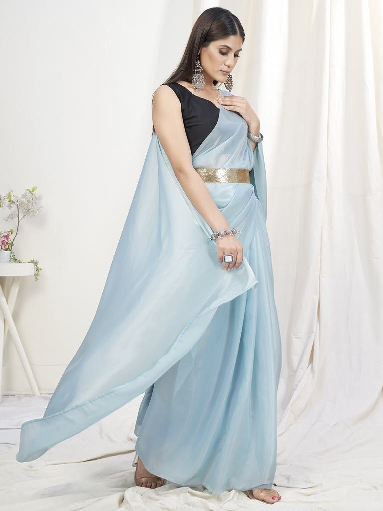 Baby Blue Pre-Stitched Blended Silk Saree