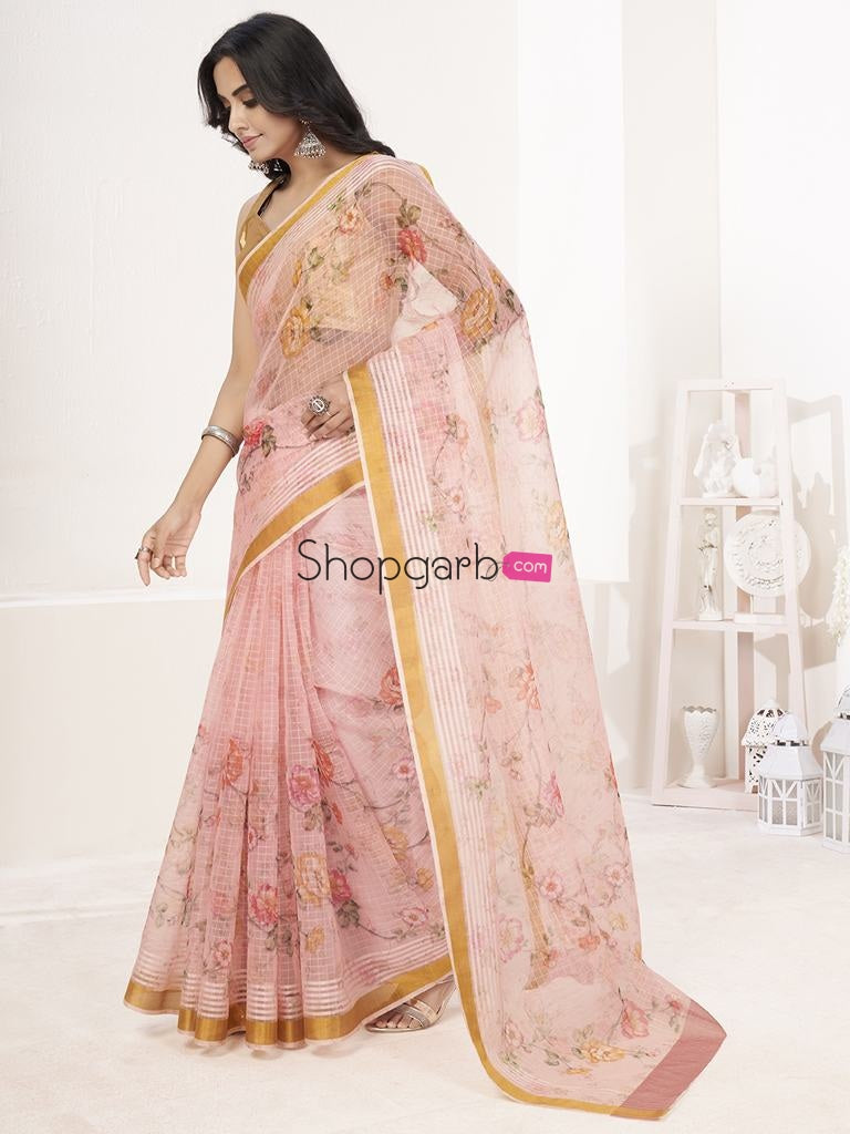 Baby Pink Floral Digital Printed Cotton Silk Linen Saree