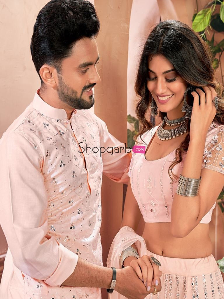 Baby Pink Soft Net Sequins Lehenga Choli Or Kurta Couple Set