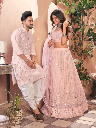 Baby Pink Soft Net Sequins Lehenga Choli Or Kurta Couple Set