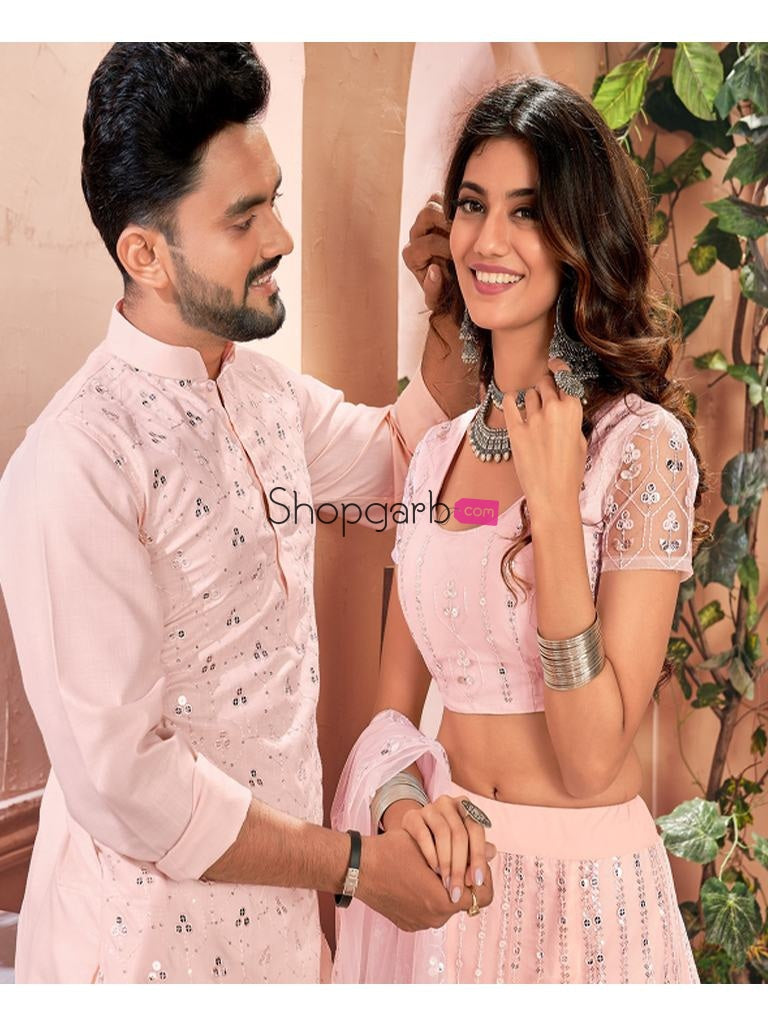 Baby Pink Soft Net Sequins Lehenga Choli Or Kurta Couple Set