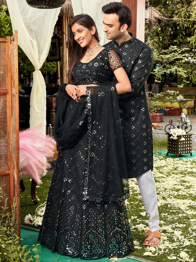 Black Colored Soft Net Sequins Embroidered Couple Wear Set