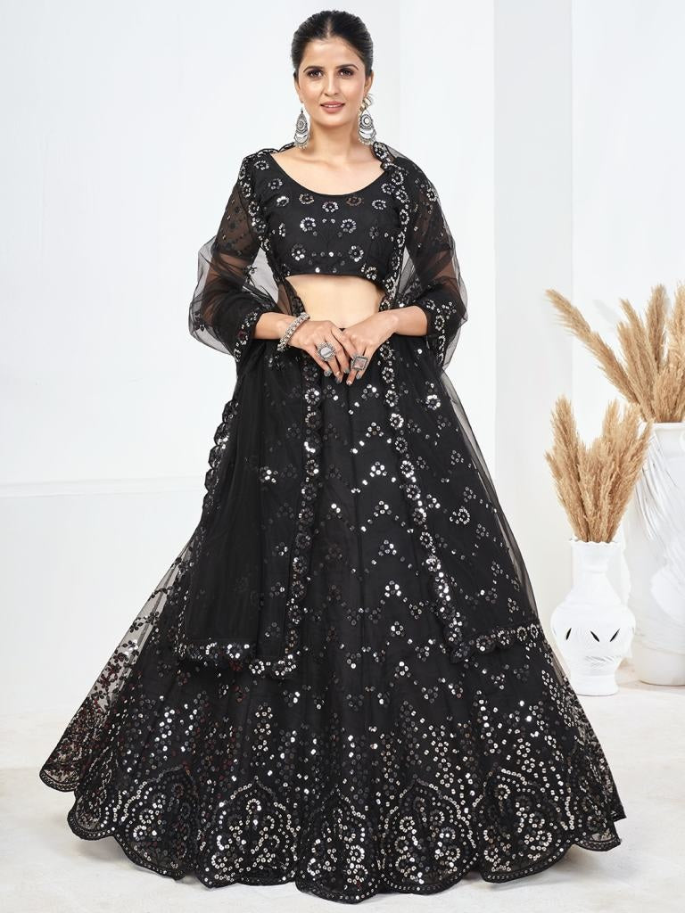 Black Sequins Embroidered Soft Net Festival Special Lehenga Choli