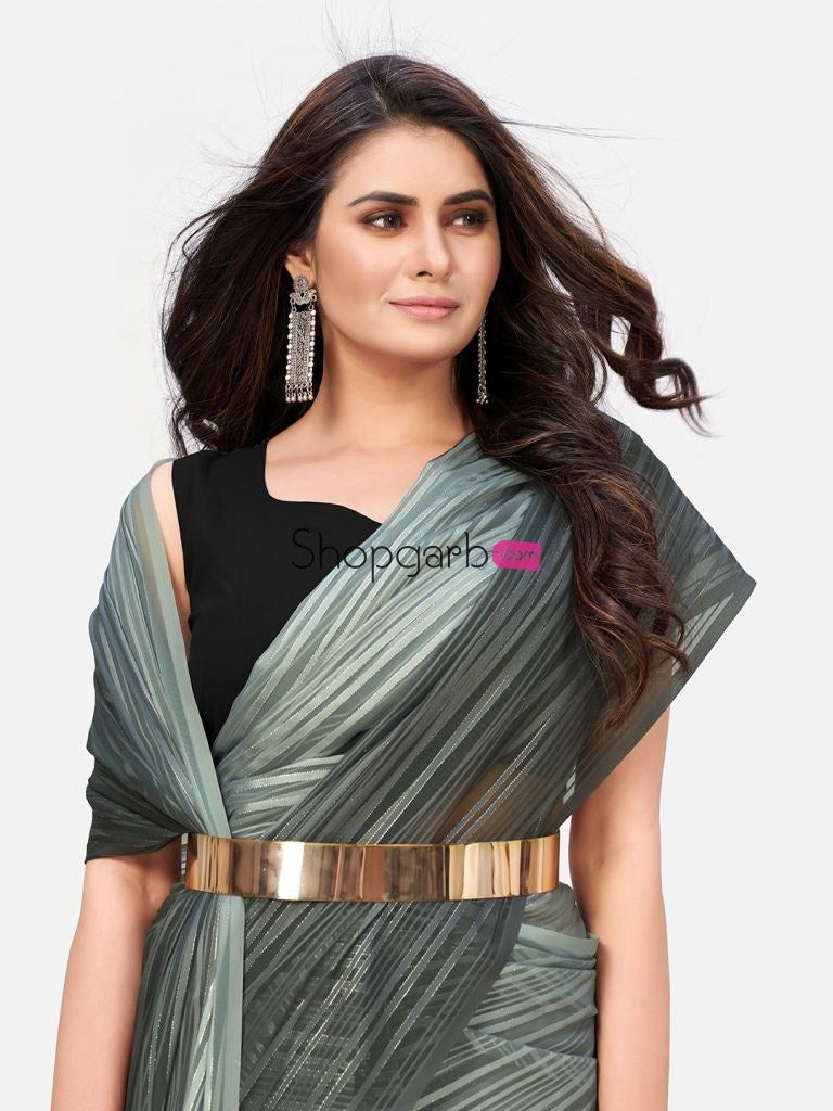 Blazeing Grey Ready To Wear Saree With Metal Belt