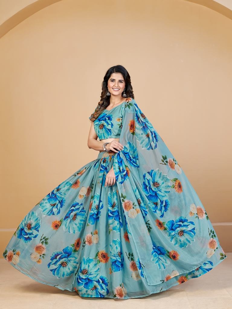 Blissful Turquoise Blue And Orange Printed Lehenga Blouse With Dupatta