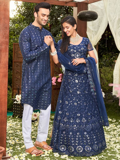 Blue Colored Soft Net Sequins Embroidered Couple Wear Set