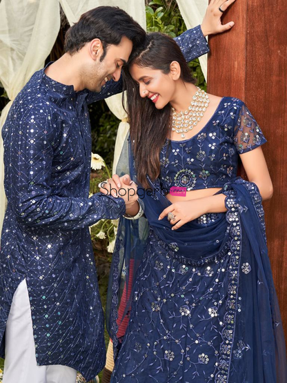 Blue Colored Soft Net Sequins Embroidered Couple Wear Set