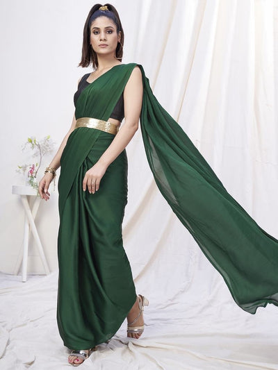 Bottle Green Pre-Stitched Blended Silk Saree