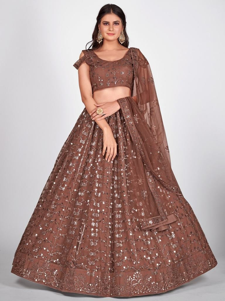 Brown & Silver-Toned Semi-Stitched Lehenga Unstitched Blouse With Dupatta