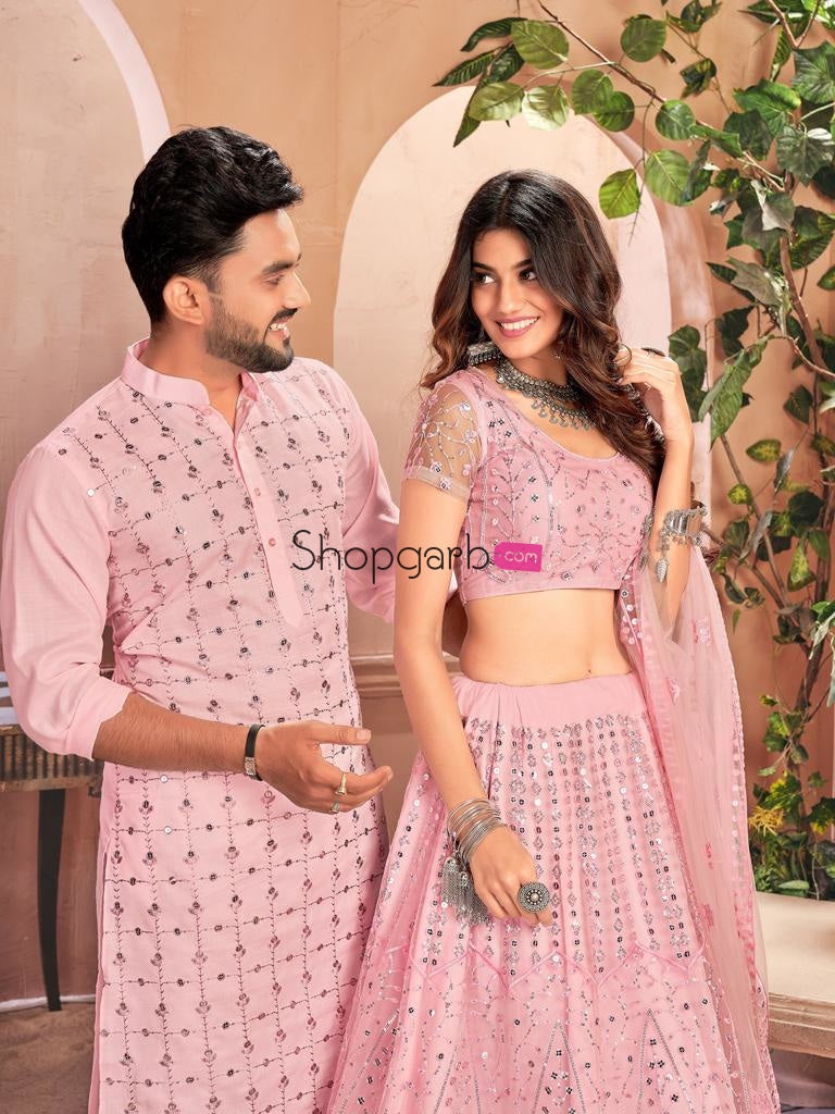 Bubblegum Pink Soft Net Sequins Lehenga Choli Or Kurta Couple Set