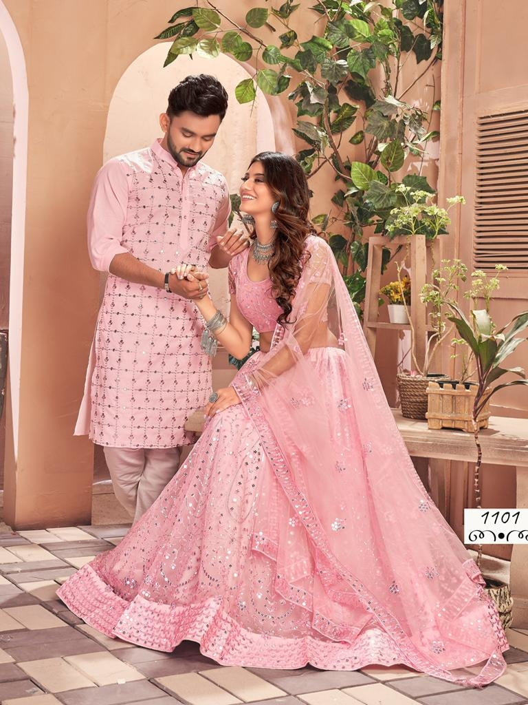 Bubblegum Pink Soft Net Sequins Lehenga Choli Or Kurta Couple Set