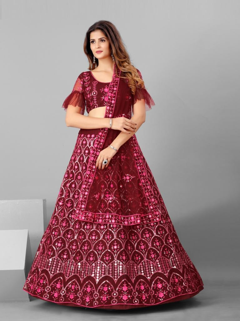 Captivation Maroon And Steel Sequins Wedding Wear Lehenga Blouse With Dupatta