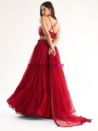 Crimson Red Party Wear Designer Lehenga Choli