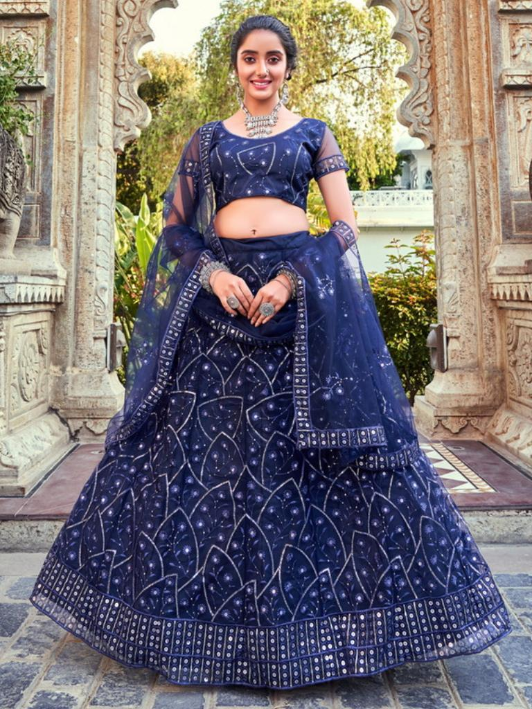 Dark Blue Sequins Embroidered Soft Net Wedding Lehenga Choli