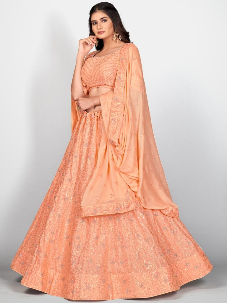 Decorative Orange And Silver Toned Embroidered Sangeet Special Lehenga Blouse With Dupatta