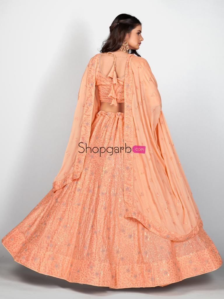 Decorative Orange And Silver Toned Embroidered Sangeet Special Lehenga Blouse With Dupatta