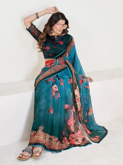 Delightful Teal Georgette Printed Casual Wear Saree With Blouse