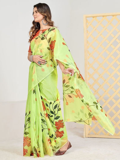 Designer Lime Green And Red Organza Block Print Casual Wear Saree With Blouse