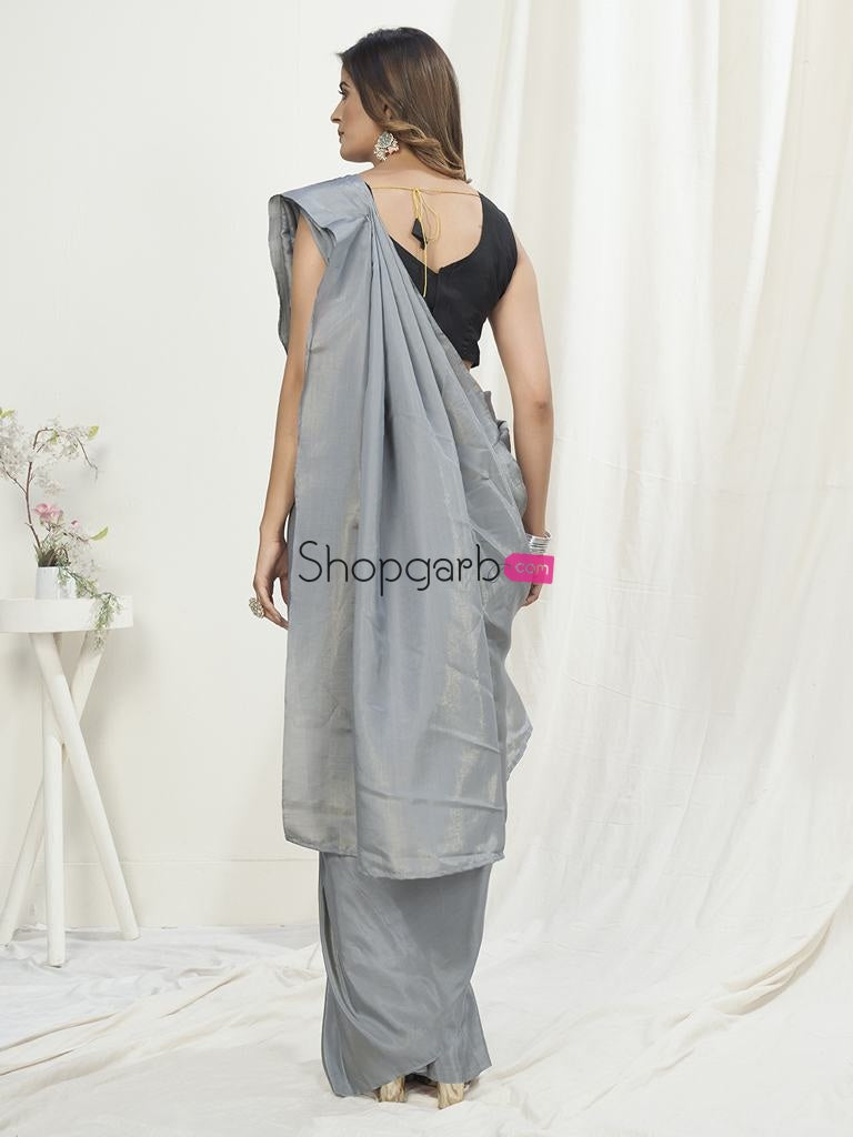 Dove Grey Ready To Wear One Minute Saree In Satin Silk