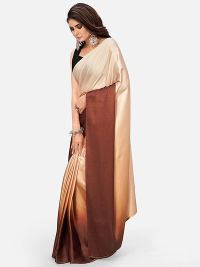 Dreamy Brown And Beige Satin Ready To Wear Saree