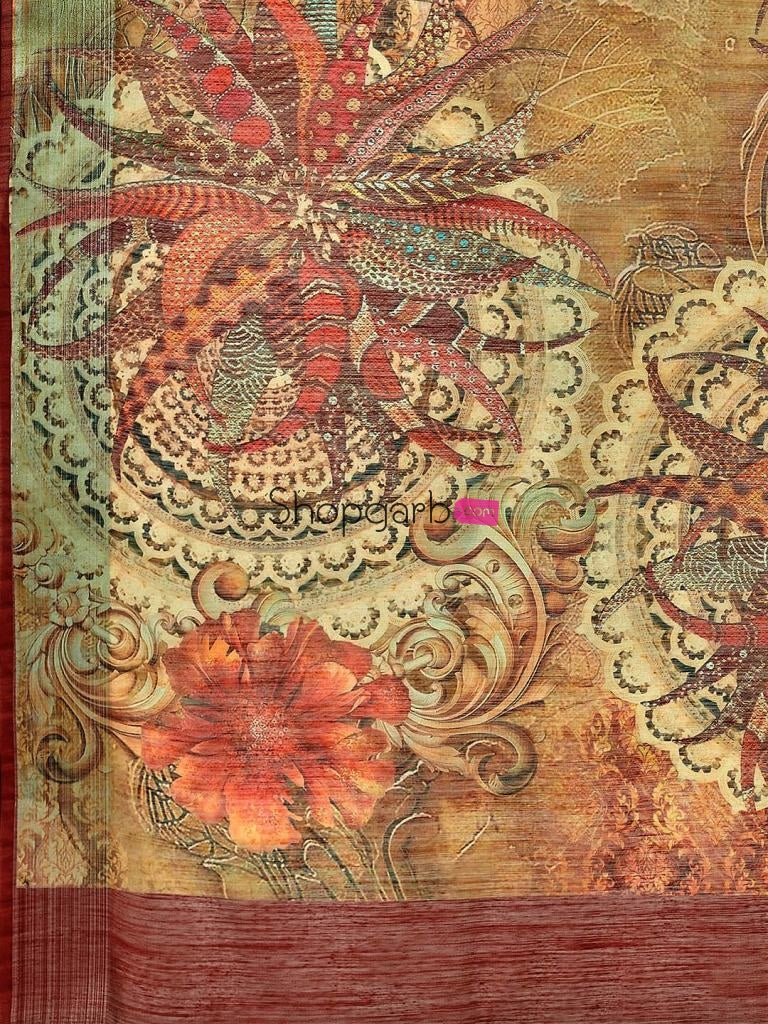 Exquisite Brown Linen Blend Block Print Casual Wear Saree