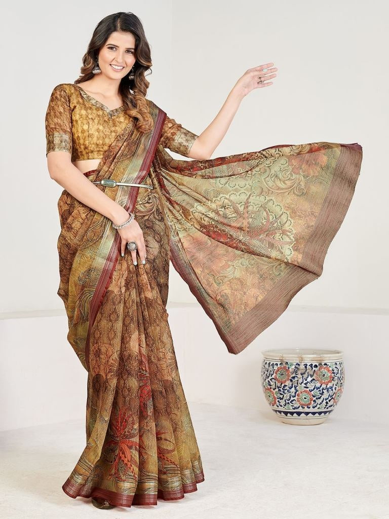 Exquisite Brown Linen Blend Block Print Casual Wear Saree