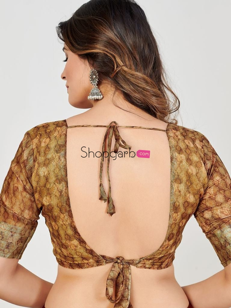 Exquisite Brown Linen Blend Block Print Casual Wear Saree