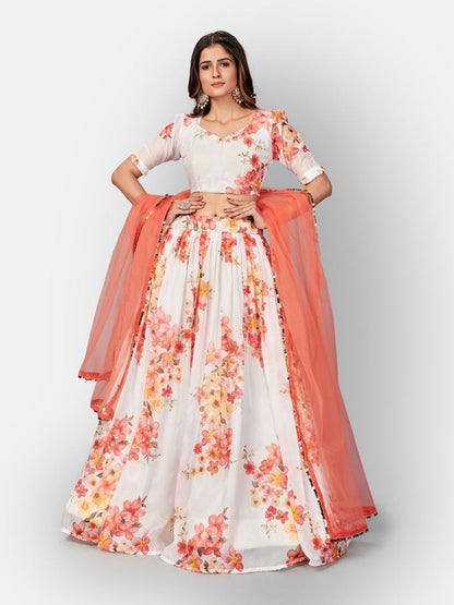 Exquisite White Digital Printed Semi-Stitched Lehenga And Unstitched Blouse With Dupatta