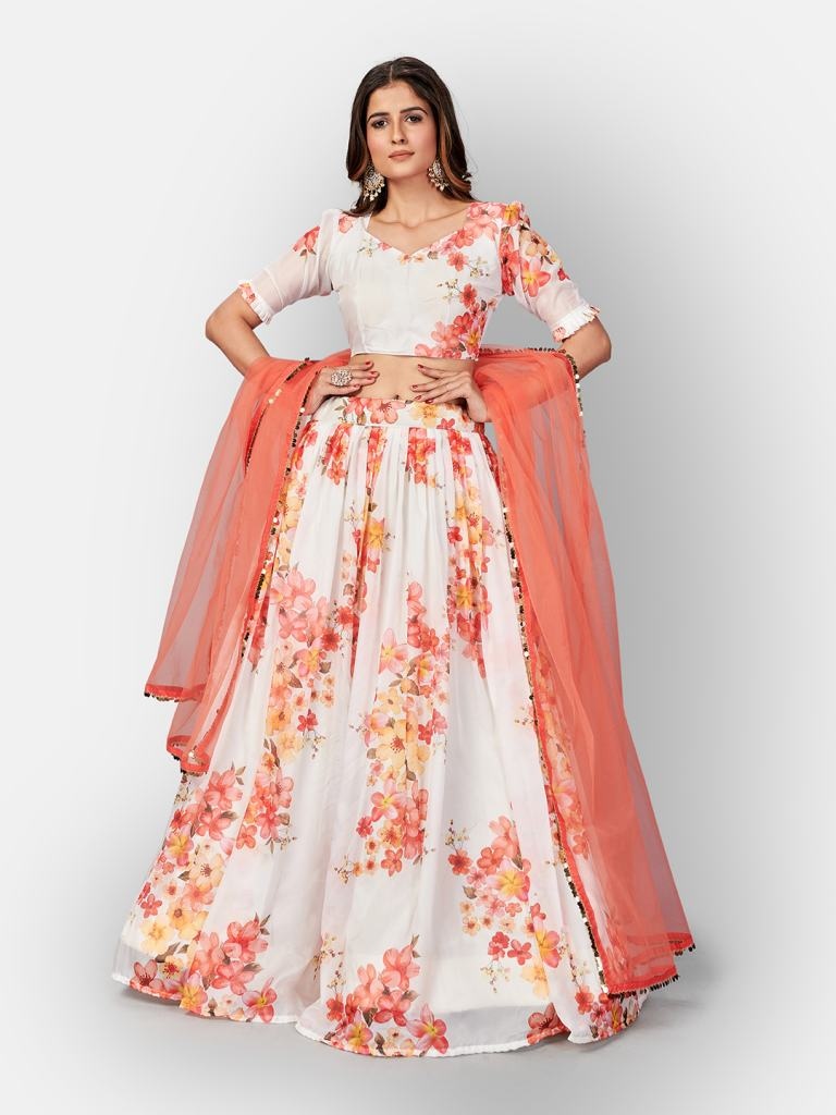Exquisite White Digital Printed Semi-Stitched Lehenga And Unstitched Blouse With Dupatta