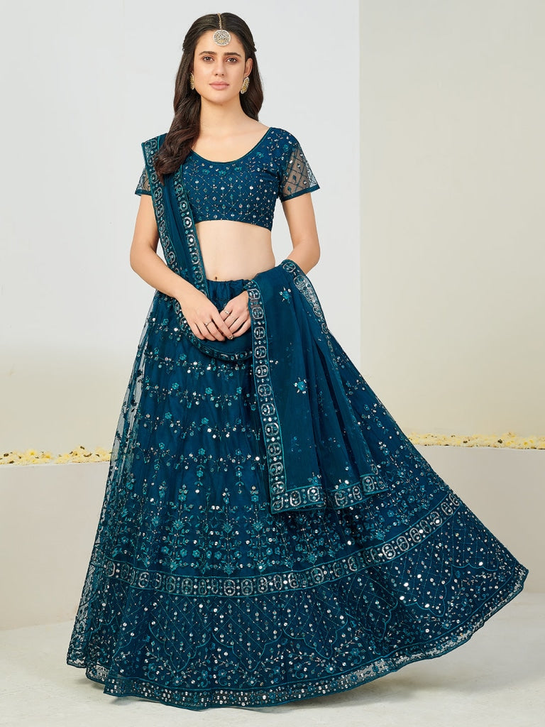Fairly Good Blue And Silver Sequins Thread Work Sequinned Lehenga Blouse With Dupatta
