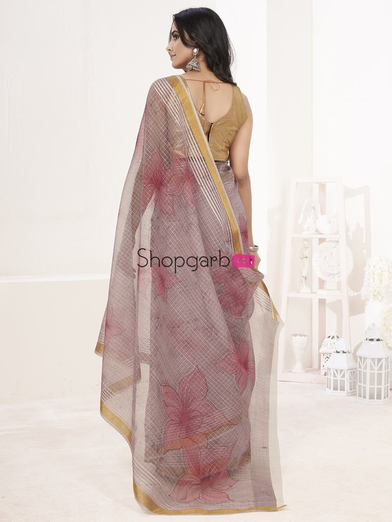 Fancy Beige Floral Digital Printed Cotton Silk Saree