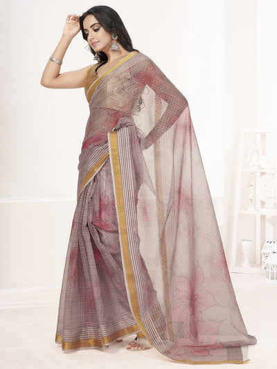 Fancy Beige Floral Digital Printed Cotton Silk Saree