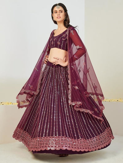 Fancy Maroon Embroidered Sequinned Lehenga And Blouse With Dupatta