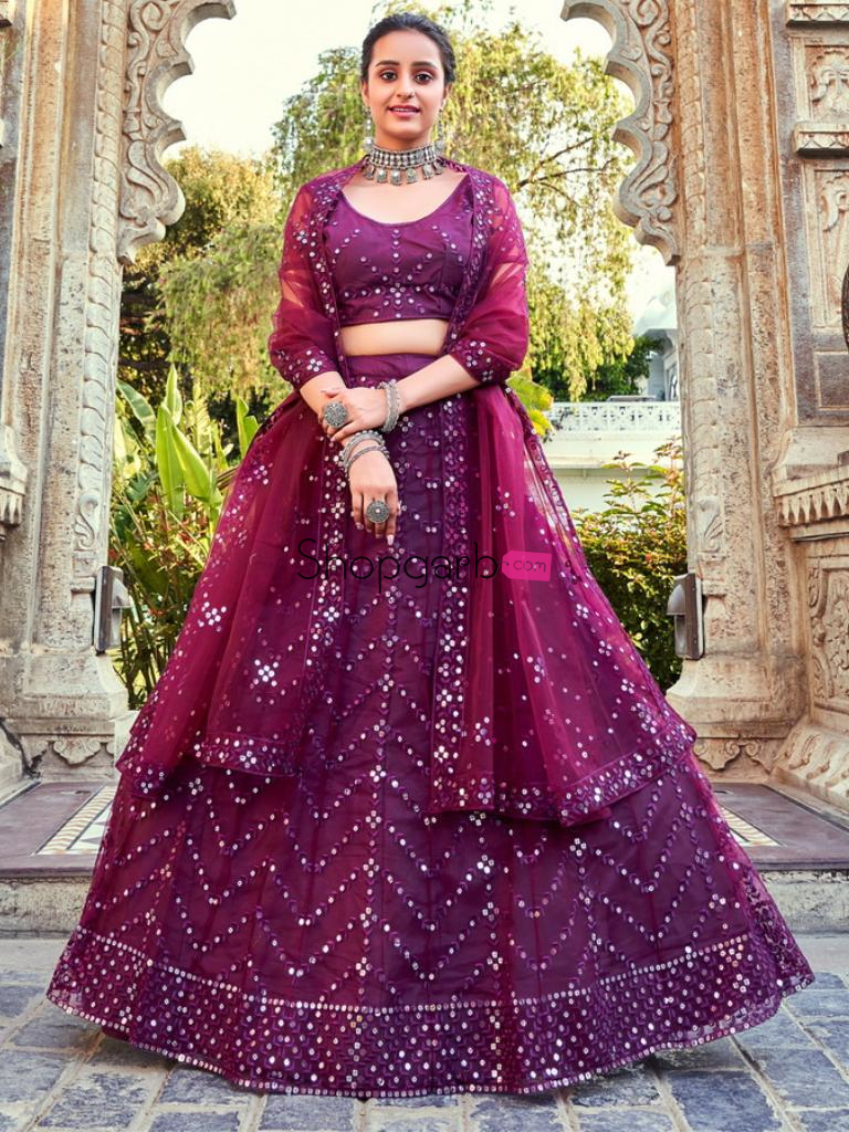 Fancy Wine Sequins Embroidered Soft Net Wedding Lehenga Choli