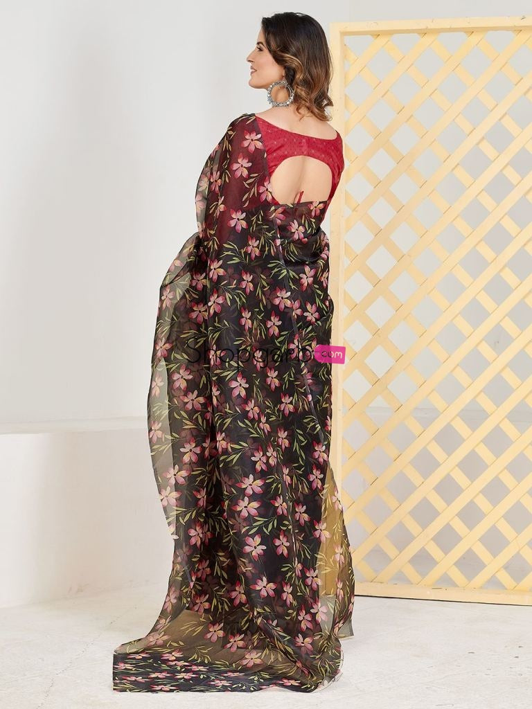 Fetching Black And Red Organza Casual Wear Saree With Blouse