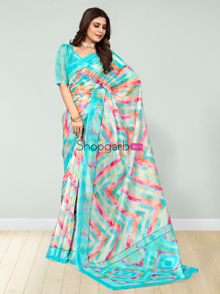 Firozi Floral Digital Printed Cotton Silk Linen Saree