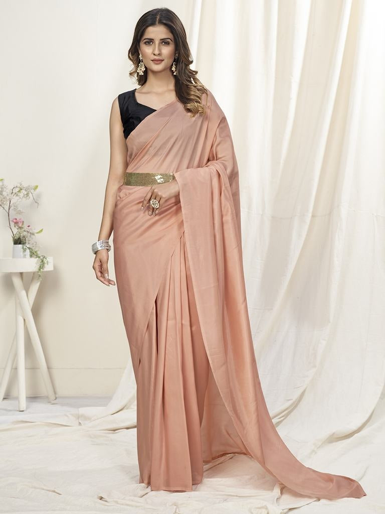Flamingo Pink Ready To Wear One Minute Saree In Satin Silk