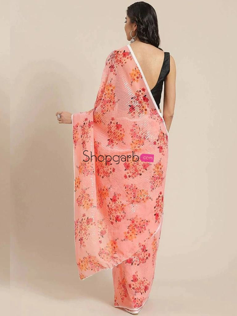 Flamingo Pink Sequence Faux Georgette Saree