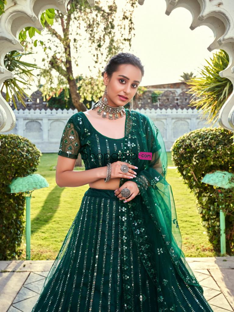 Forest Green Sequins Embroidered Soft Net Wedding Lehenga Choli