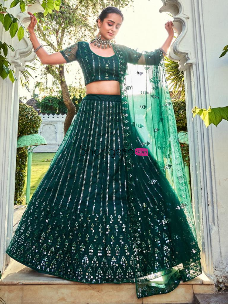 Forest Green Sequins Embroidered Soft Net Wedding Lehenga Choli