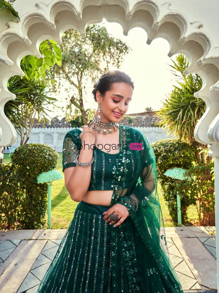 Forest Green Sequins Embroidered Soft Net Wedding Lehenga Choli